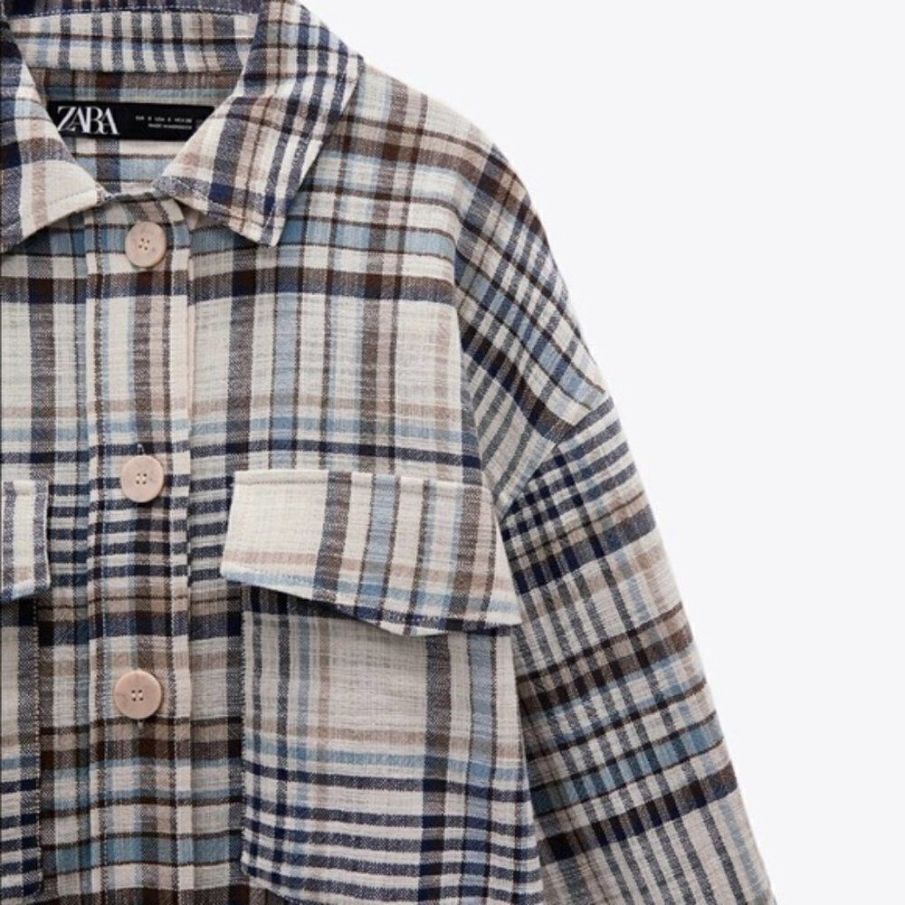 ZARA Plaid Overshirt White Turquoise Unlined - Picture 5 of 7